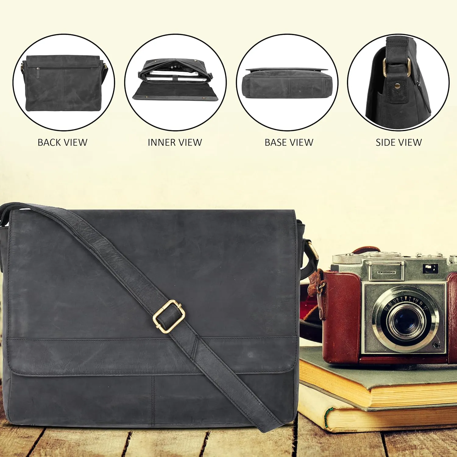 Ozora Genuine Leather Unisex Crossbody Messenger Bag with Adjustable Strap for 17 Inch Laptop, Travel, Office