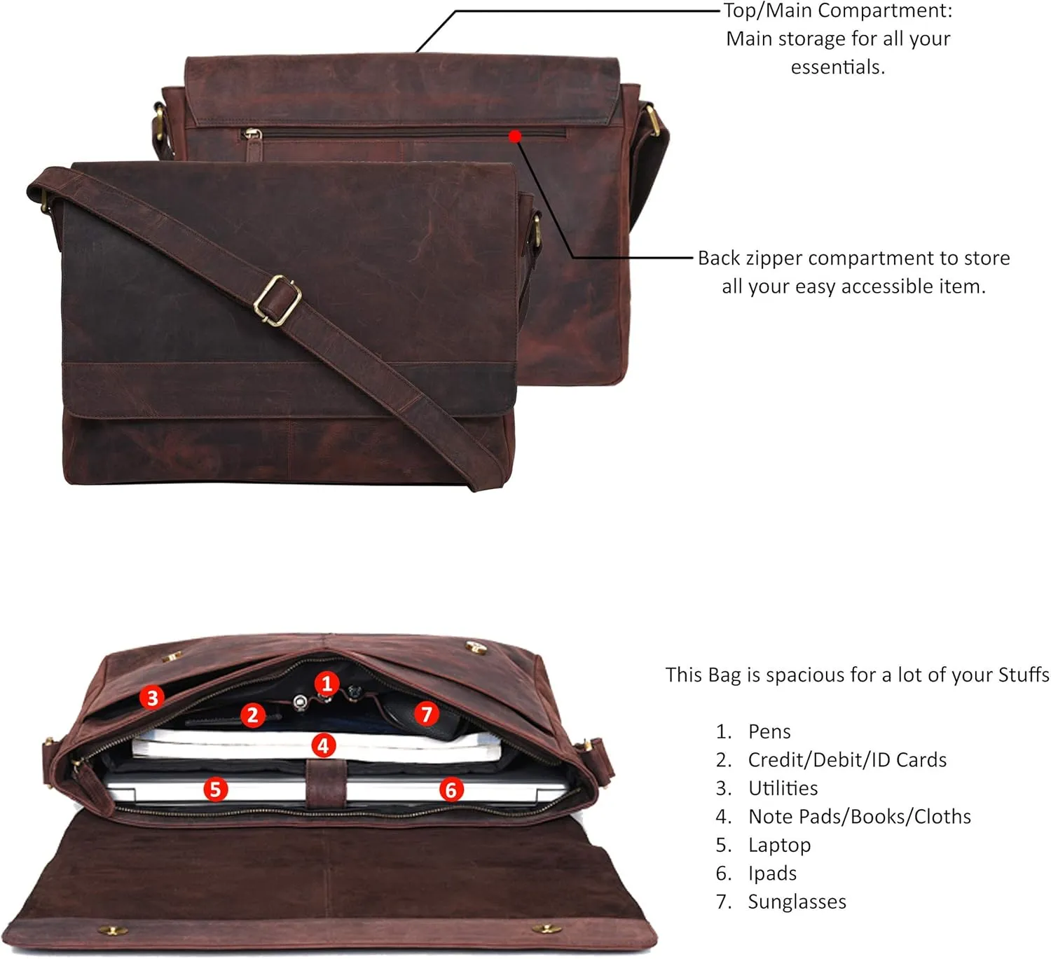 Ozora Genuine Leather Unisex Crossbody Messenger Bag with Adjustable Strap for 17 Inch Laptop, Travel, Office