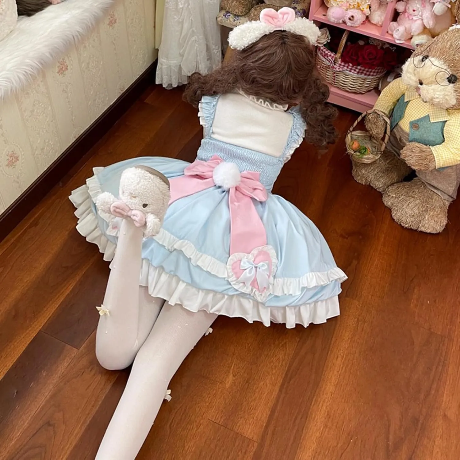 Packitcute Teens Lolita Princess Party Dress Japanese Sweet Bow Ruffle Hem High Waist A-line Sleeveless Cute Dresses Costume