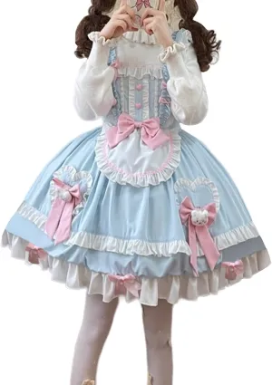 Packitcute Teens Lolita Princess Party Dress Japanese Sweet Bow Ruffle Hem High Waist A-line Sleeveless Cute Dresses Costume