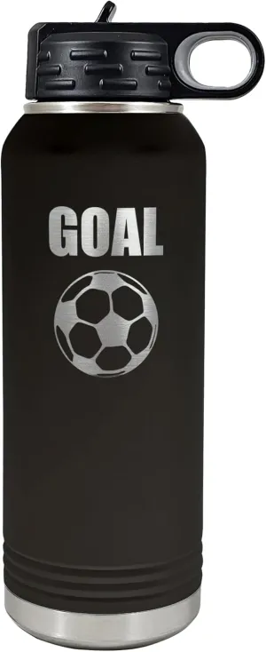 Palm City Products Soccer Water Bottle 32 oz – Goal-Themed Stainless Steel Sports Tumbler with Flip Lid and Engraved Soccer Design, Insulated Vacuum-Sealed Soccer Lover Water Bottle