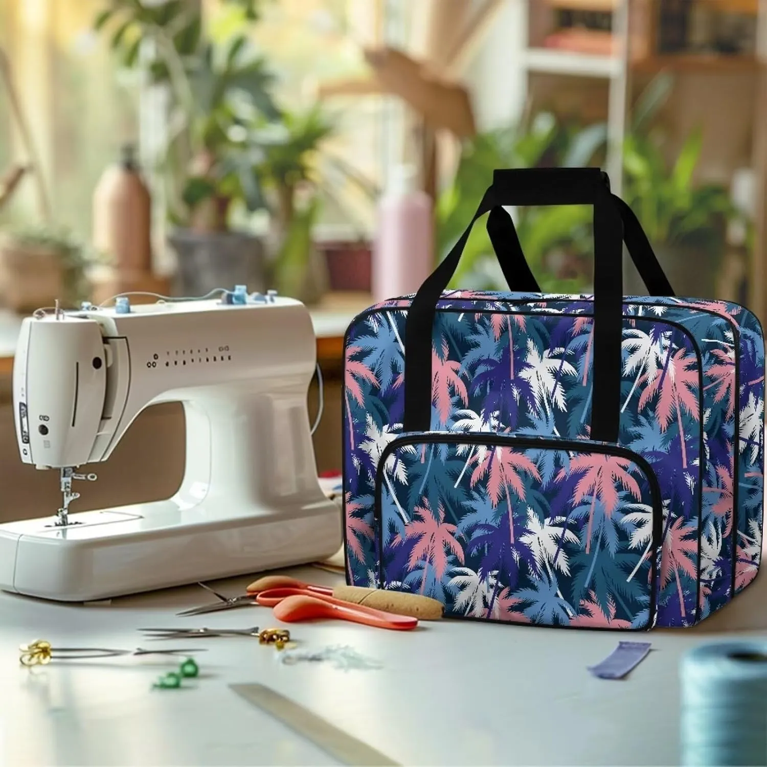 Palm Tree Portable Sewing Machine Handbag Tote Bag for Sewing Machine with Top Handle for Most Standard Singer, Brother Not Easy to Pilling and Fade