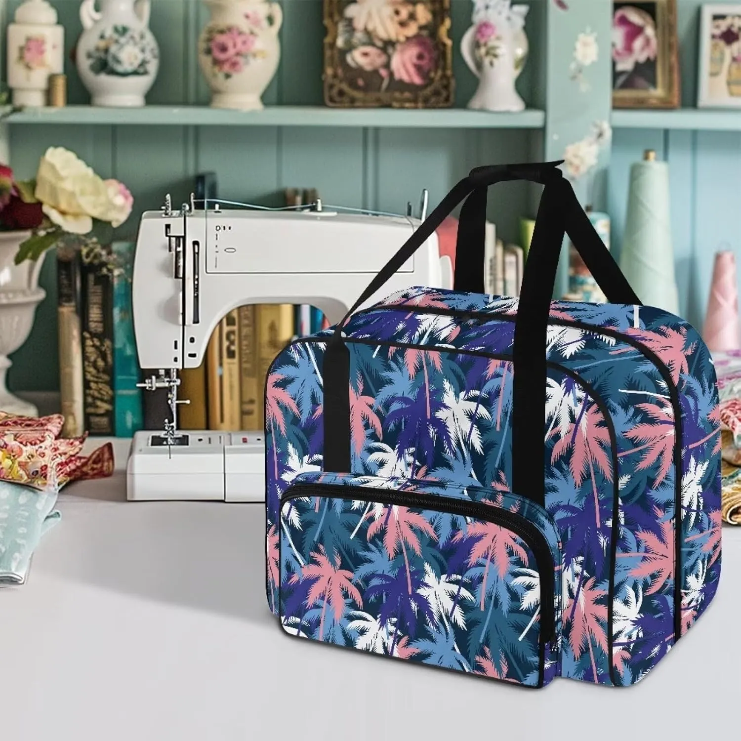 Palm Tree Portable Sewing Machine Handbag Tote Bag for Sewing Machine with Top Handle for Most Standard Singer, Brother Not Easy to Pilling and Fade