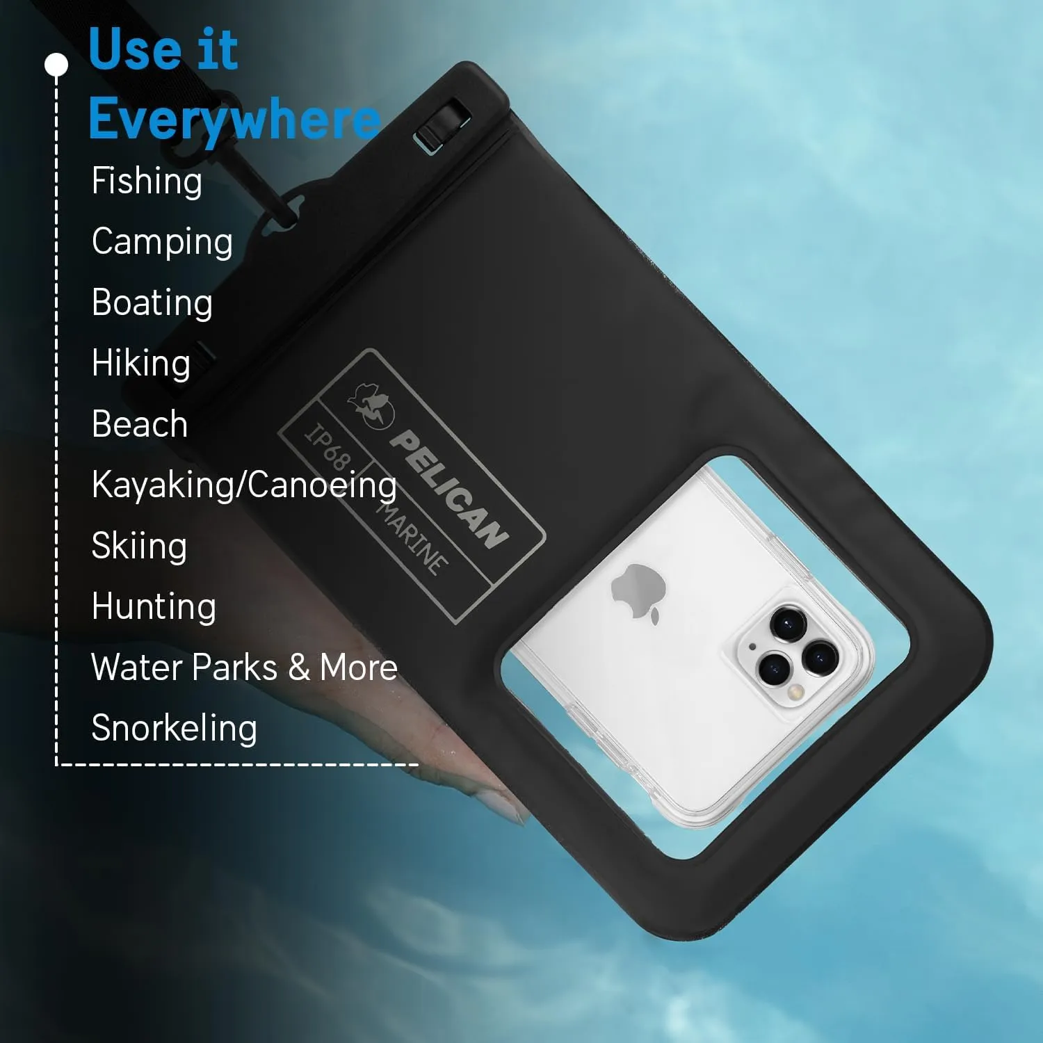 Pelican 2 Pack Marine - IP68 Waterproof Phone Pouch (XL Size) Floating Waterproof Phone Case - Beach Cruise Ship Travel Essentials - Works with All Phones - Detachable Lanyard - Stealth Black