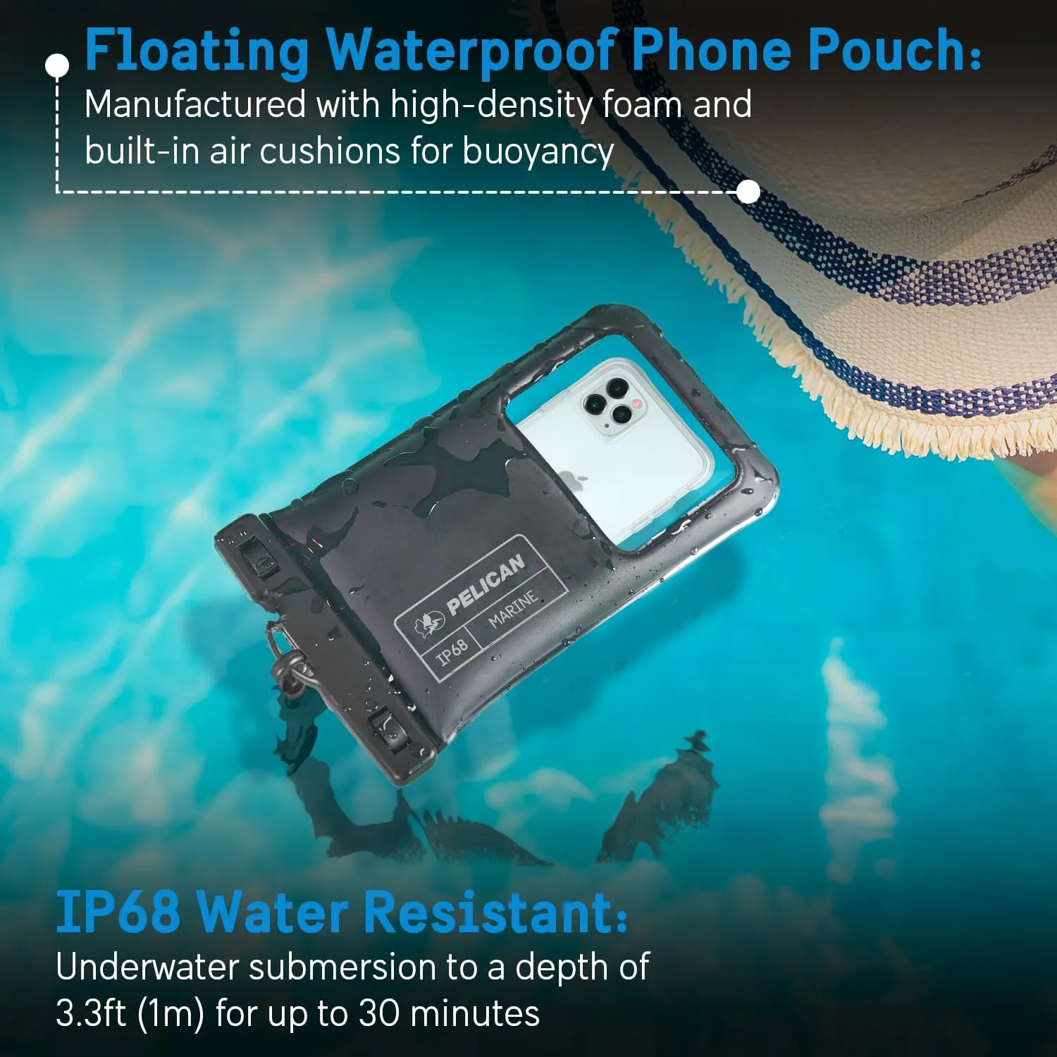 Pelican 2 Pack Marine - IP68 Waterproof Phone Pouch (XL Size) Floating Waterproof Phone Case - Beach Cruise Ship Travel Essentials - Works with All Phones - Detachable Lanyard - Stealth Black