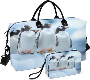 Penguins Standing on An Ice Floe Travel Duffel Bags 2PCS,Sports Duffel Bags for Men Women,Weekender Overnight Bag Gym Tote Bag with Toiletry Bag