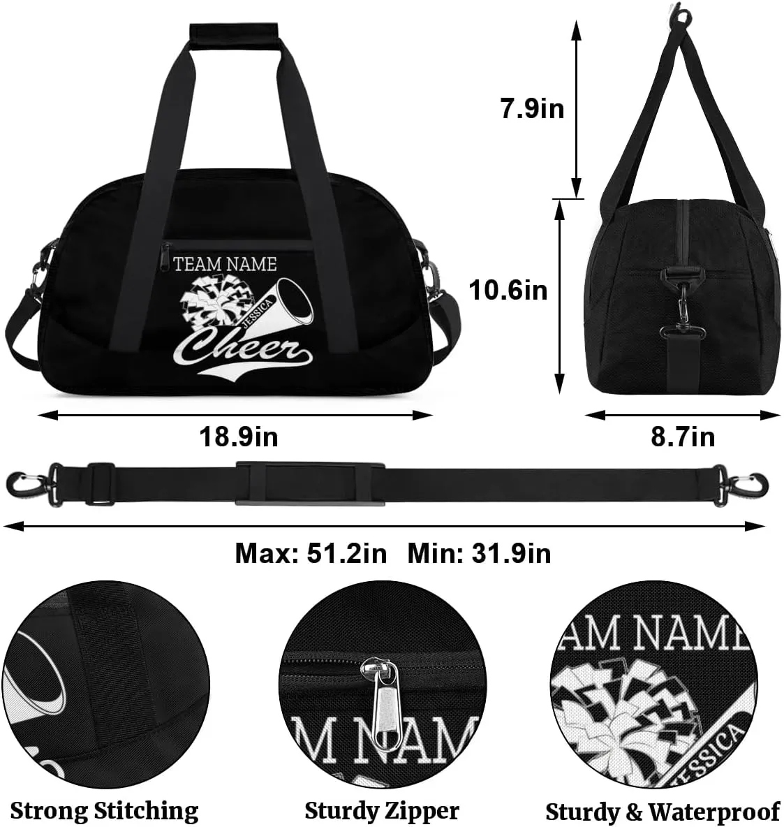 Personalised Name Cheer Cheerleader Bags, Custom Dancing Sports Duffle Bag Gym Cheerleading Bags Travel Duffel Perform Training Bag, Overnight Weekender Bags, Black