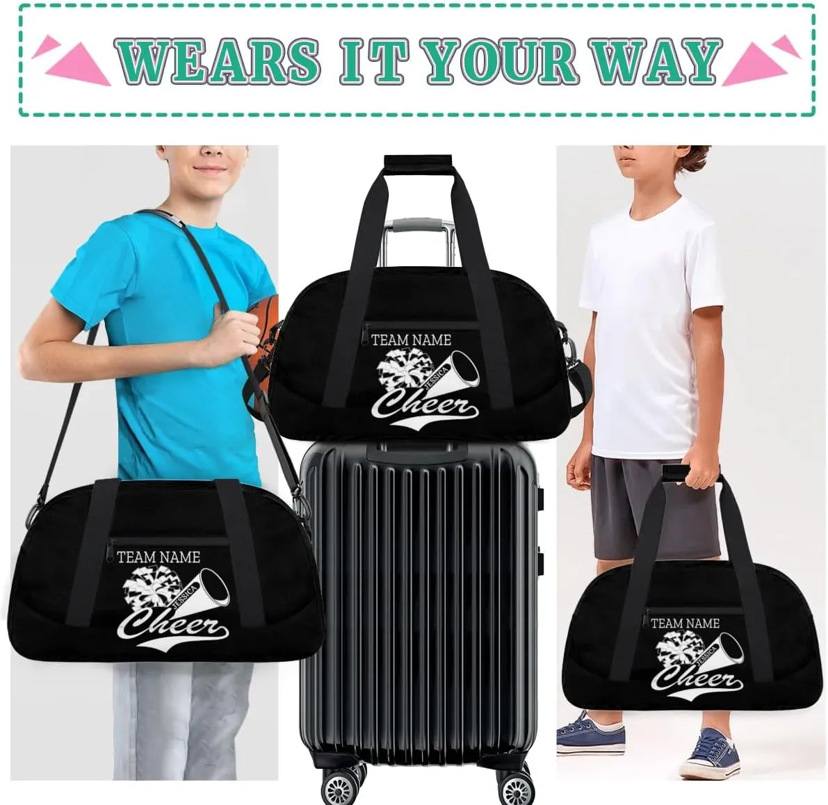 Personalised Name Cheer Cheerleader Bags, Custom Dancing Sports Duffle Bag Gym Cheerleading Bags Travel Duffel Perform Training Bag, Overnight Weekender Bags, Black