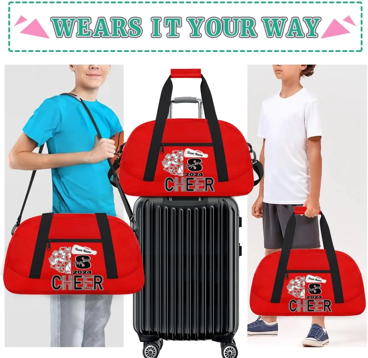 Personalized Cheer Duffel Bags, Custom Cheerleader Dance Sport Bags, Customized Cheerleading Travel Overnight Weekender Bags with Name, Coral Red A
