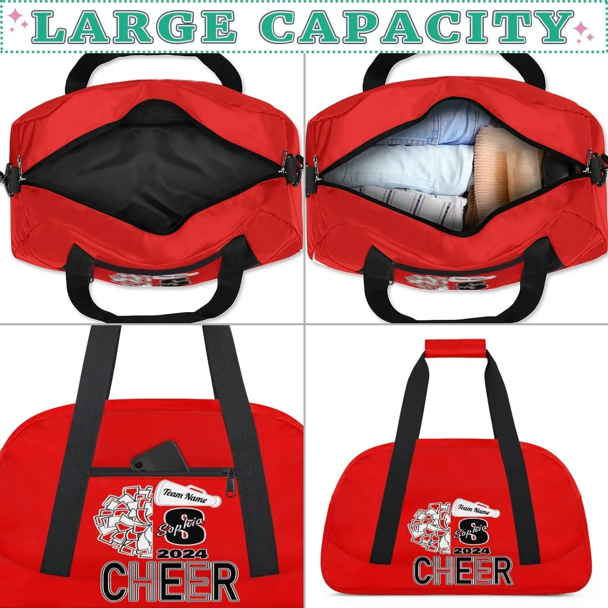 Personalized Cheer Duffel Bags, Custom Cheerleader Dance Sport Bags, Customized Cheerleading Travel Overnight Weekender Bags with Name, Coral Red A