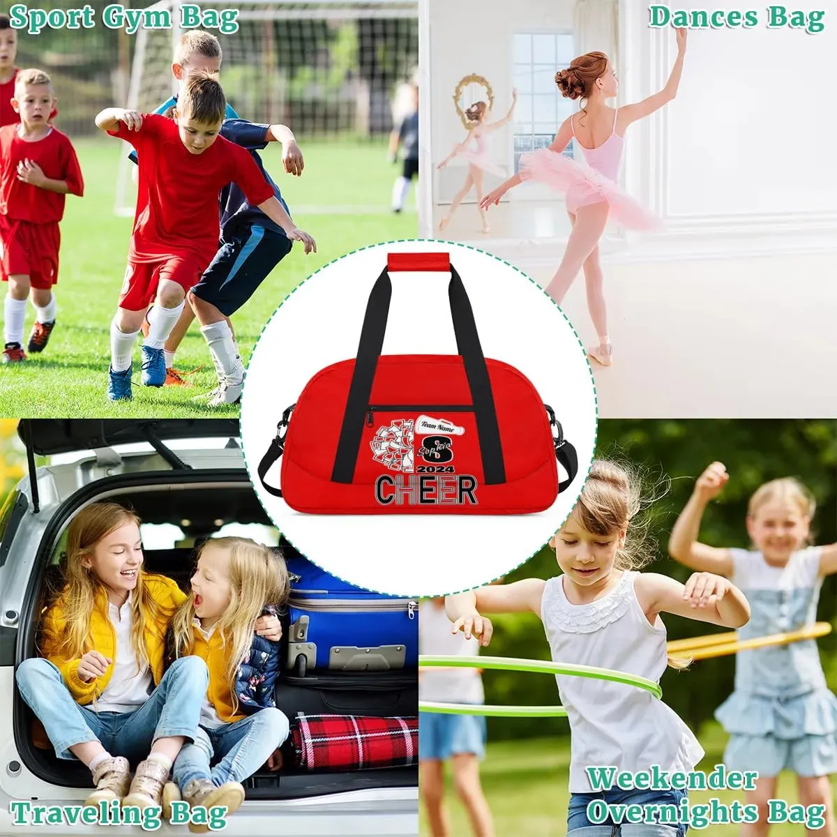 Personalized Cheer Duffel Bags, Custom Cheerleader Dance Sport Bags, Customized Cheerleading Travel Overnight Weekender Bags with Name, Coral Red A