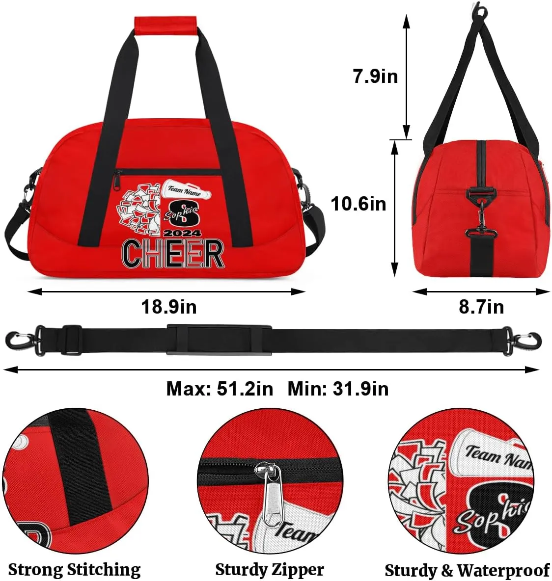 Personalized Cheer Duffel Bags, Custom Cheerleader Dance Sport Bags, Customized Cheerleading Travel Overnight Weekender Bags with Name, Coral Red A