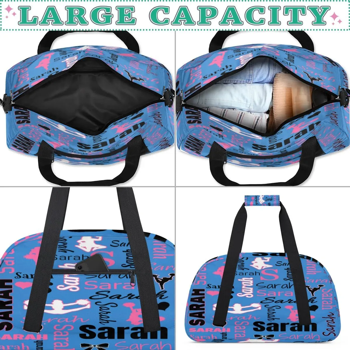 Personalized Cheer Duffle Bag for Cheerleaders, Blue (No Glitter) Custom Cheerleading Gym Bag for Women, Cheer Duffel Bag with Name Weekender Bags Customized Cheer Gifts