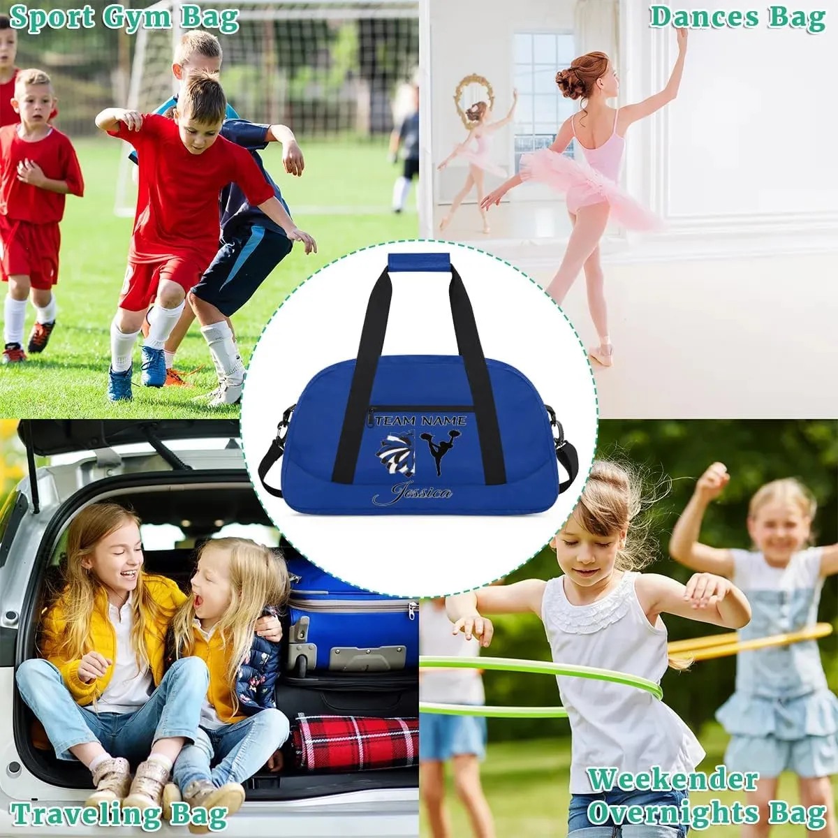 Personalized Cheer Sports Duffle Bag for Cheerleaders, Custom Cheerleading Gym Bags for Women, Cobalt Blue Customized Cheer Duffel Bag with Name Overnight Weekender Bags