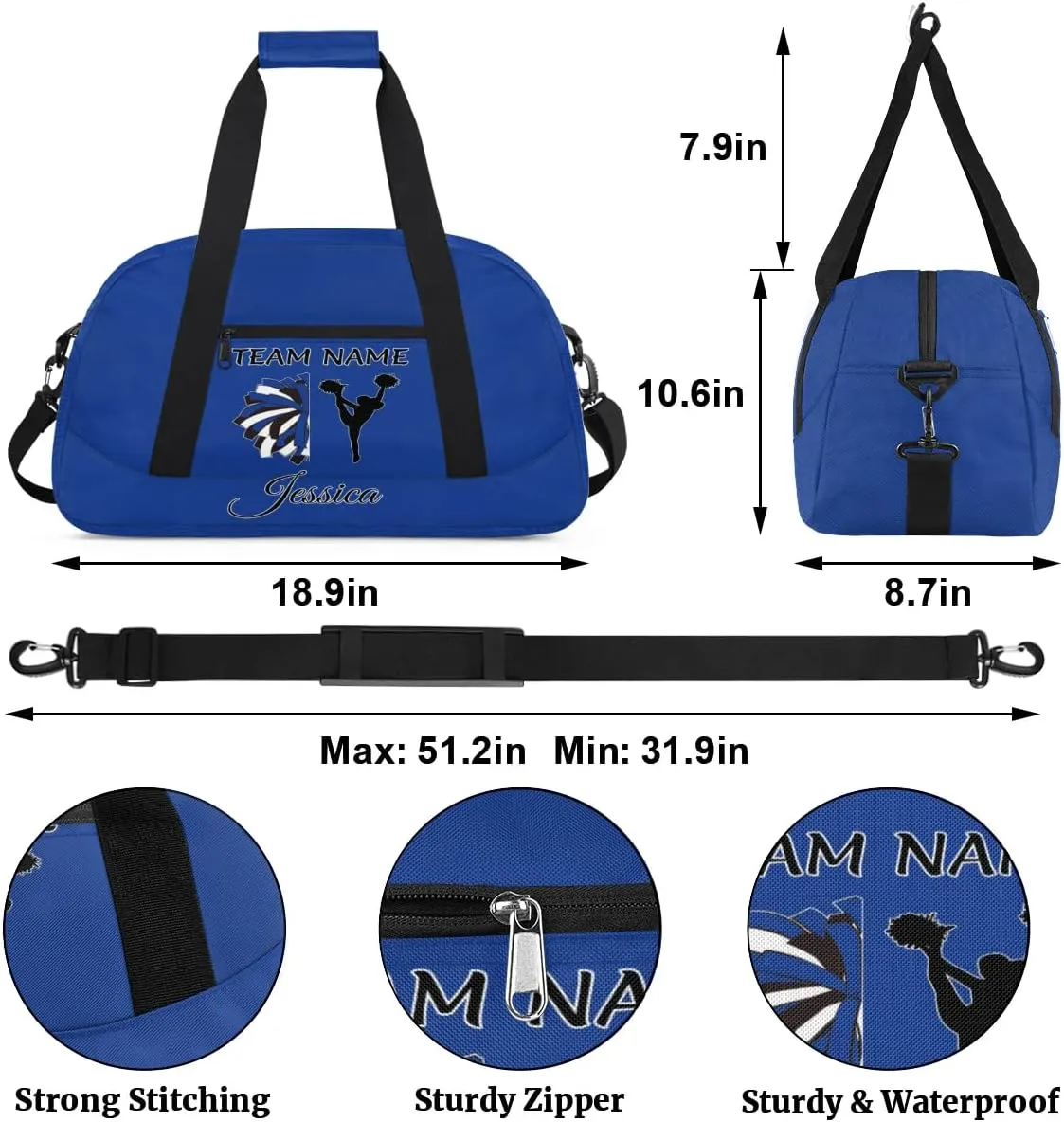 Personalized Cheer Sports Duffle Bag for Cheerleaders, Custom Cheerleading Gym Bags for Women, Cobalt Blue Customized Cheer Duffel Bag with Name Overnight Weekender Bags