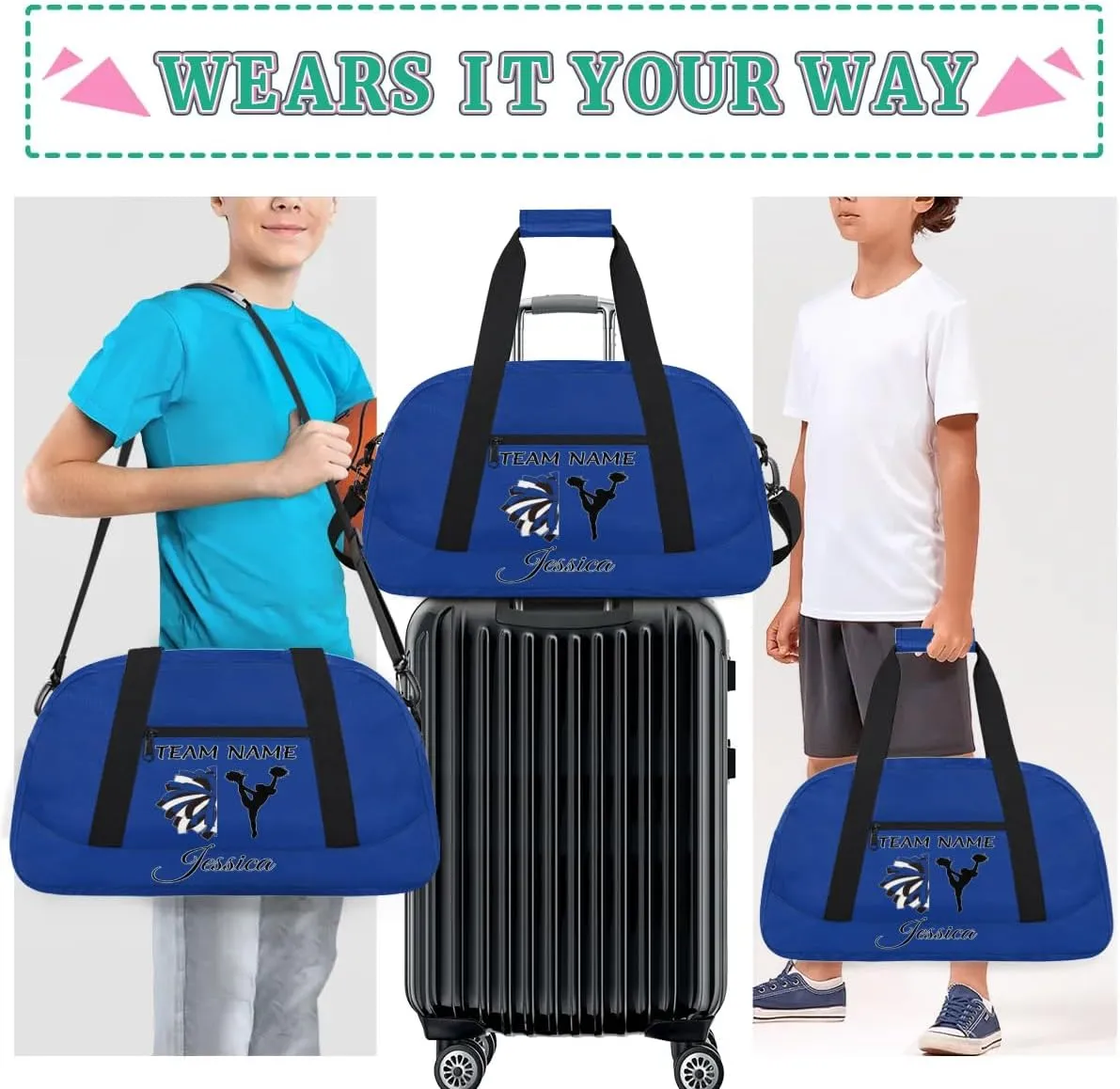 Personalized Cheer Sports Duffle Bag for Cheerleaders, Custom Cheerleading Gym Bags for Women, Cobalt Blue Customized Cheer Duffel Bag with Name Overnight Weekender Bags