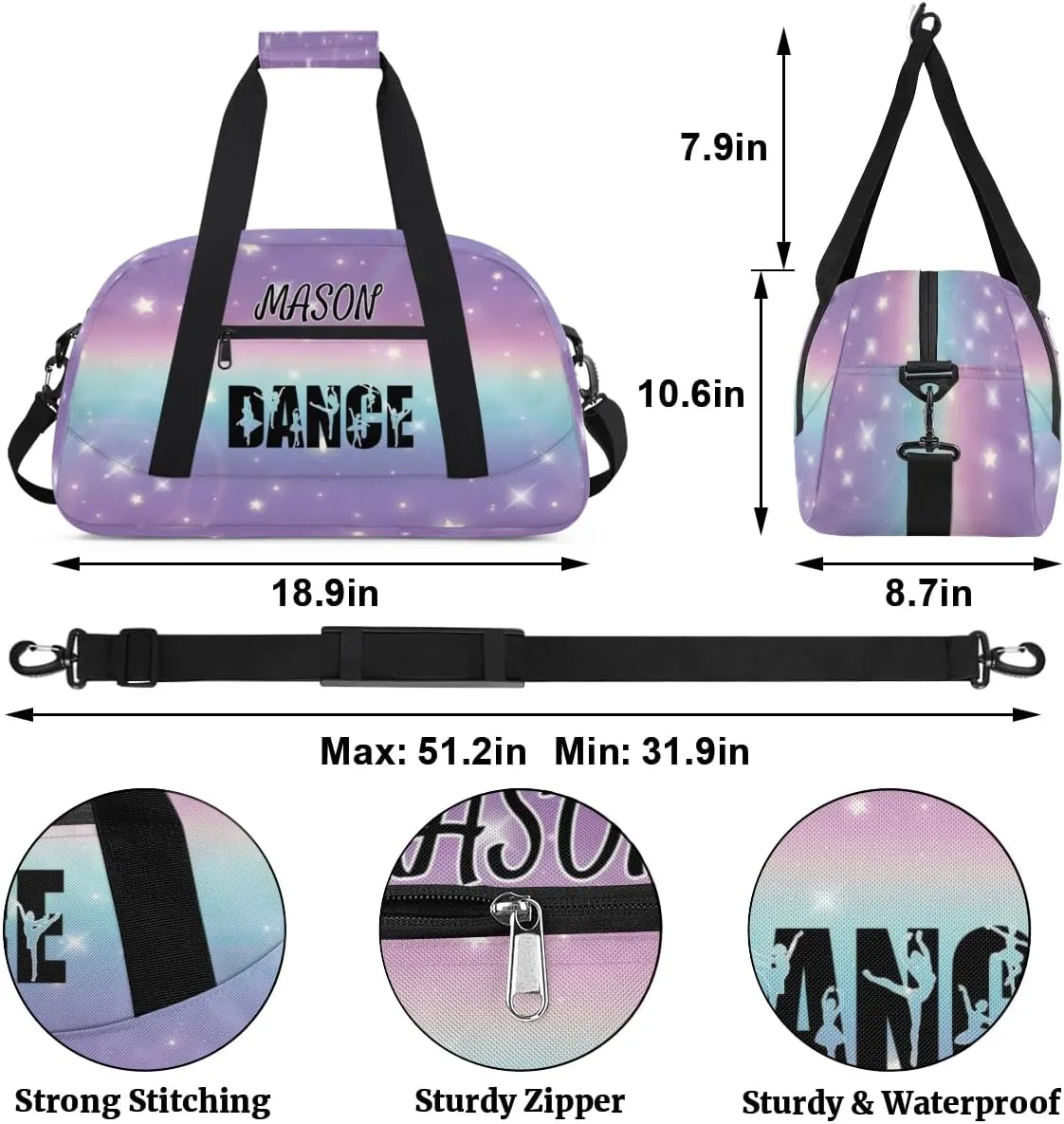 Personalized Dance Bag Gym Bag for Women, Custom Sport Duffel Bag Overnight Weekender Bags Travel Duffel Bag, Cut Glitter Print