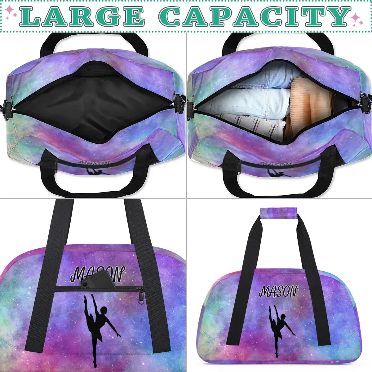 Personalized Dance Bag Gym Bag with Name for Women, Custom Sport Duffel Bag Overnight Weekender Bags Travel Duffel Bag with Dancing Silhouette, Glitter Prints