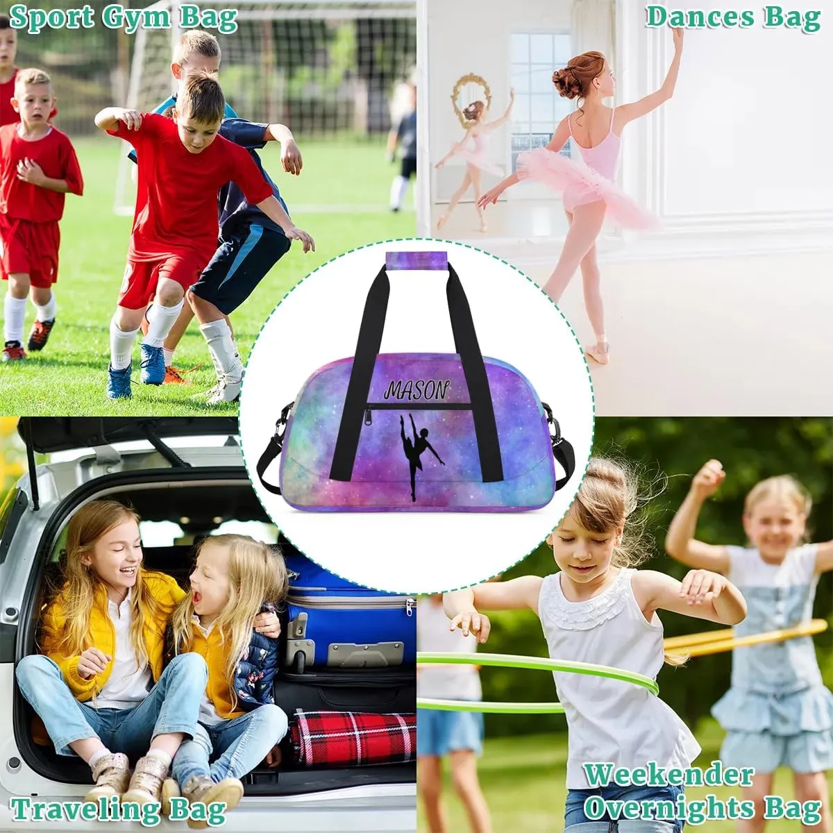 Personalized Dance Bag Gym Bag with Name for Women, Custom Sport Duffel Bag Overnight Weekender Bags Travel Duffel Bag with Dancing Silhouette, Glitter Prints