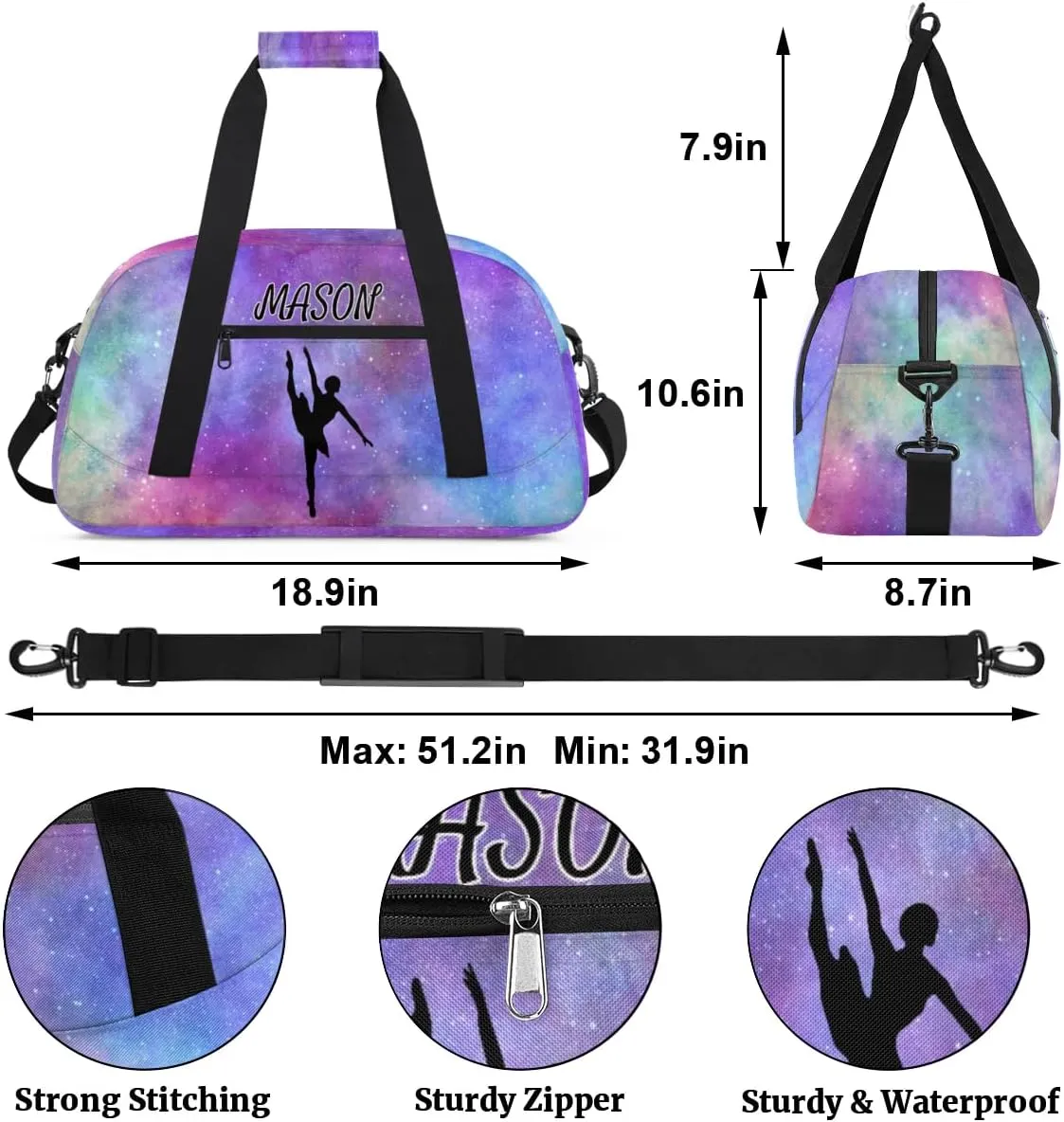 Personalized Dance Bag Gym Bag with Name for Women, Custom Sport Duffel Bag Overnight Weekender Bags Travel Duffel Bag with Dancing Silhouette, Glitter Prints