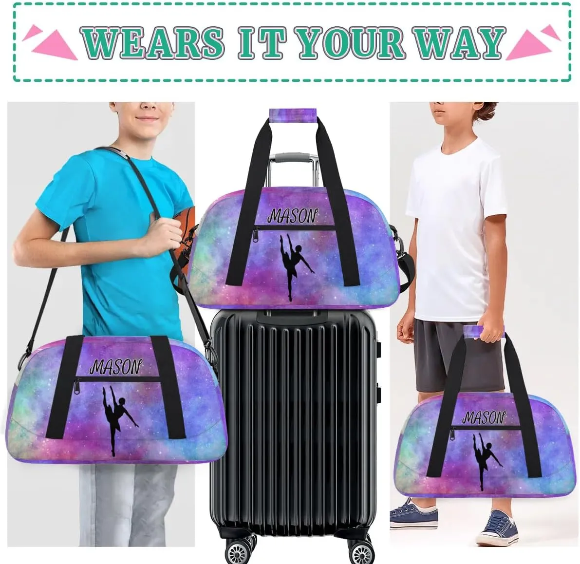 Personalized Dance Bag Gym Bag with Name for Women, Custom Sport Duffel Bag Overnight Weekender Bags Travel Duffel Bag with Dancing Silhouette, Glitter Prints