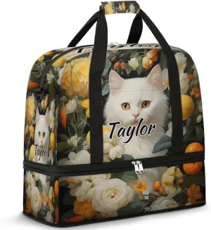 Personalized Duffel Bag with Name, Custom Cat Travel Sports Gym Yoga Beach Bag Customized Weekender Overnight Bag with Shoes Compartment for Women, Animal Cat Flower