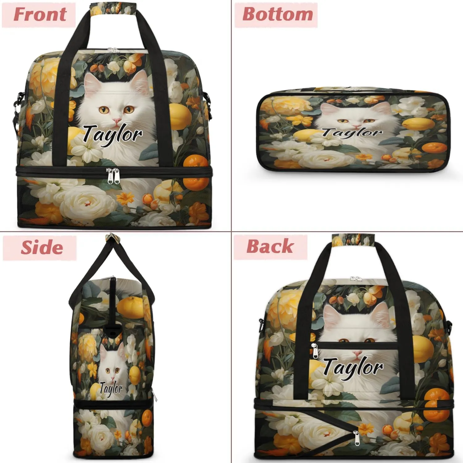 Personalized Duffel Bag with Name, Custom Cat Travel Sports Gym Yoga Beach Bag Customized Weekender Overnight Bag with Shoes Compartment for Women, Animal Cat Flower