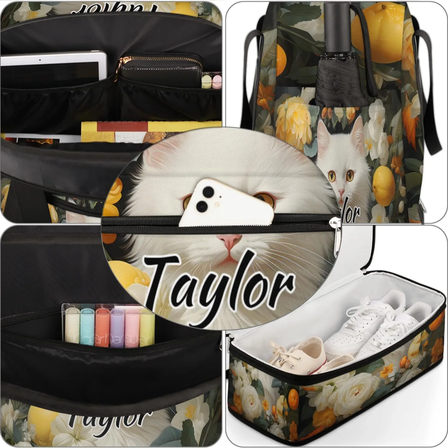 Personalized Duffel Bag with Name, Custom Cat Travel Sports Gym Yoga Beach Bag Customized Weekender Overnight Bag with Shoes Compartment for Women, Animal Cat Flower