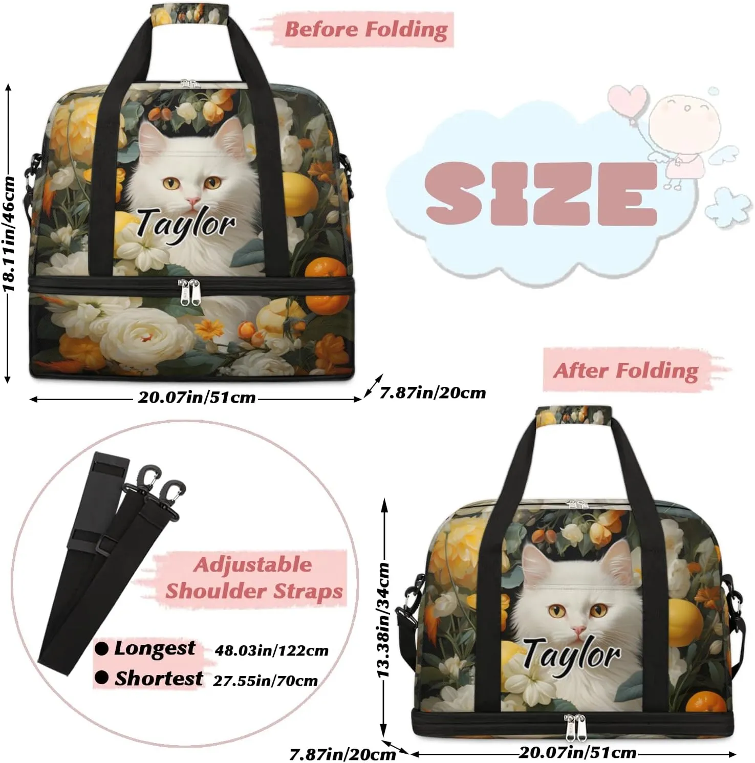 Personalized Duffel Bag with Name, Custom Cat Travel Sports Gym Yoga Beach Bag Customized Weekender Overnight Bag with Shoes Compartment for Women, Animal Cat Flower