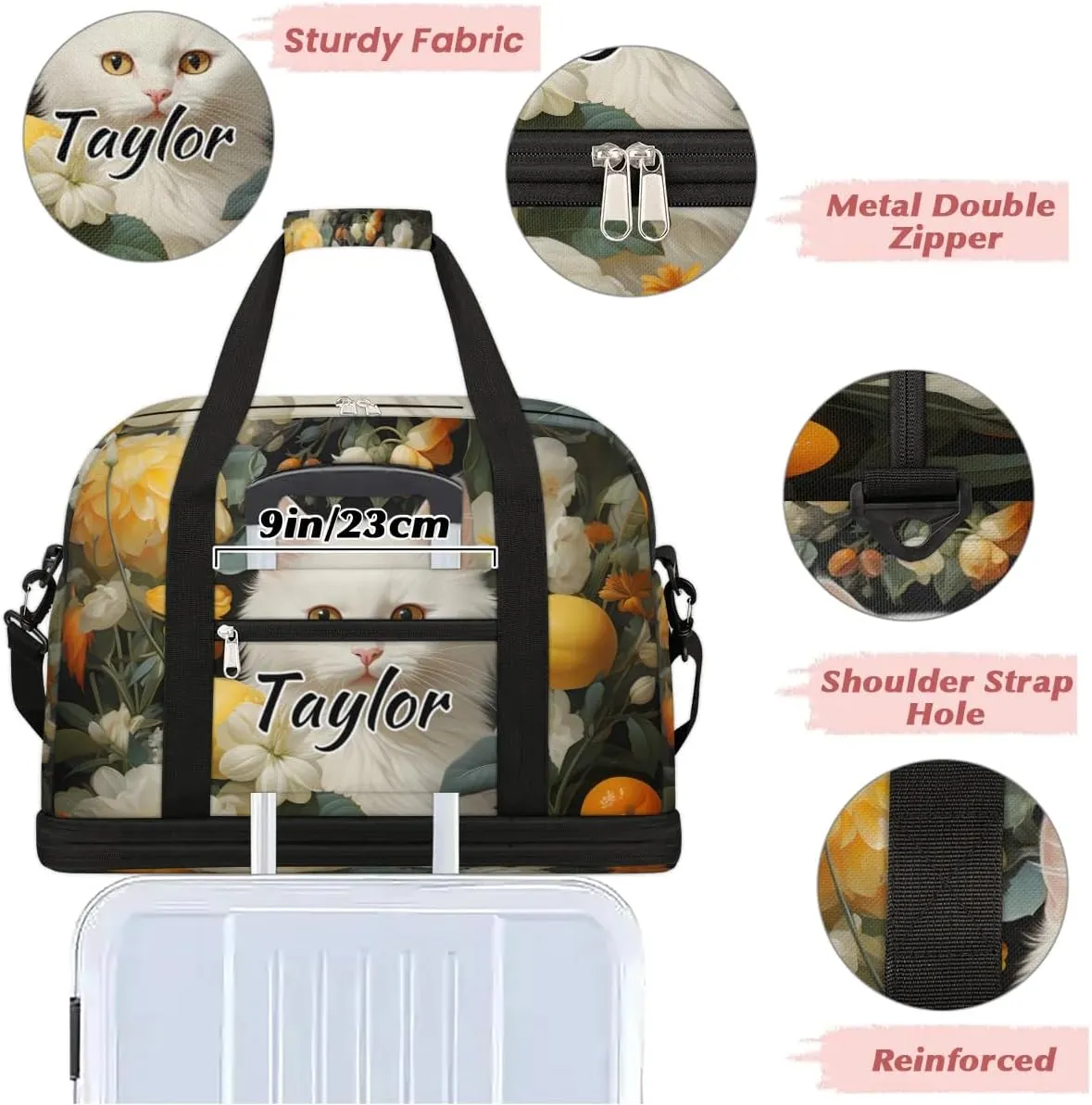 Personalized Duffel Bag with Name, Custom Cat Travel Sports Gym Yoga Beach Bag Customized Weekender Overnight Bag with Shoes Compartment for Women, Animal Cat Flower