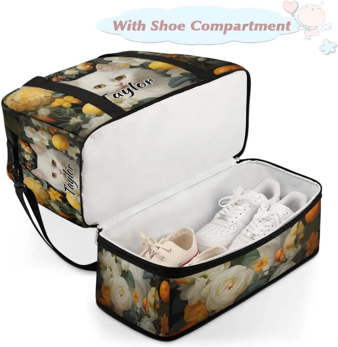 Personalized Duffel Bag with Name, Custom Cat Travel Sports Gym Yoga Beach Bag Customized Weekender Overnight Bag with Shoes Compartment for Women, Animal Cat Flower