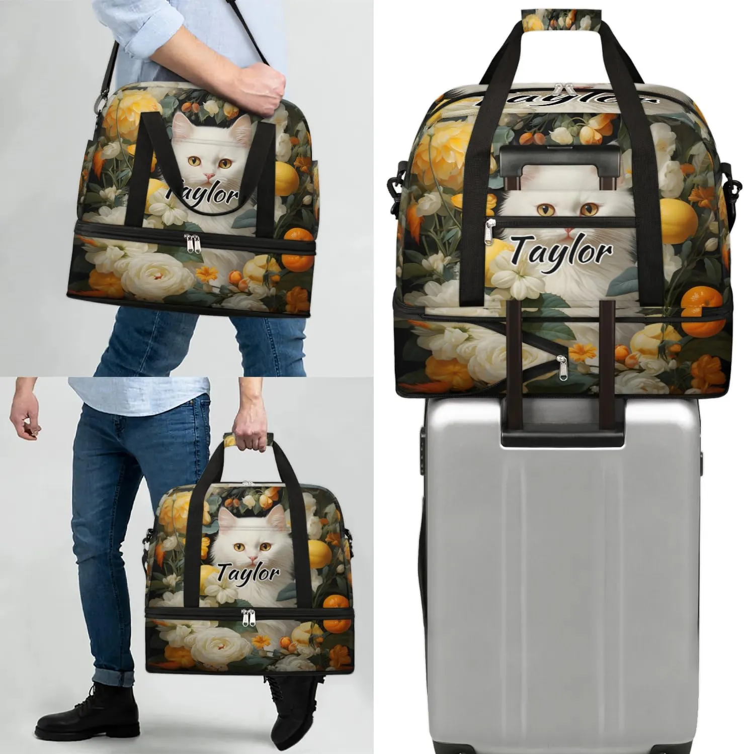 Personalized Duffel Bag with Name, Custom Cat Travel Sports Gym Yoga Beach Bag Customized Weekender Overnight Bag with Shoes Compartment for Women, Animal Cat Flower