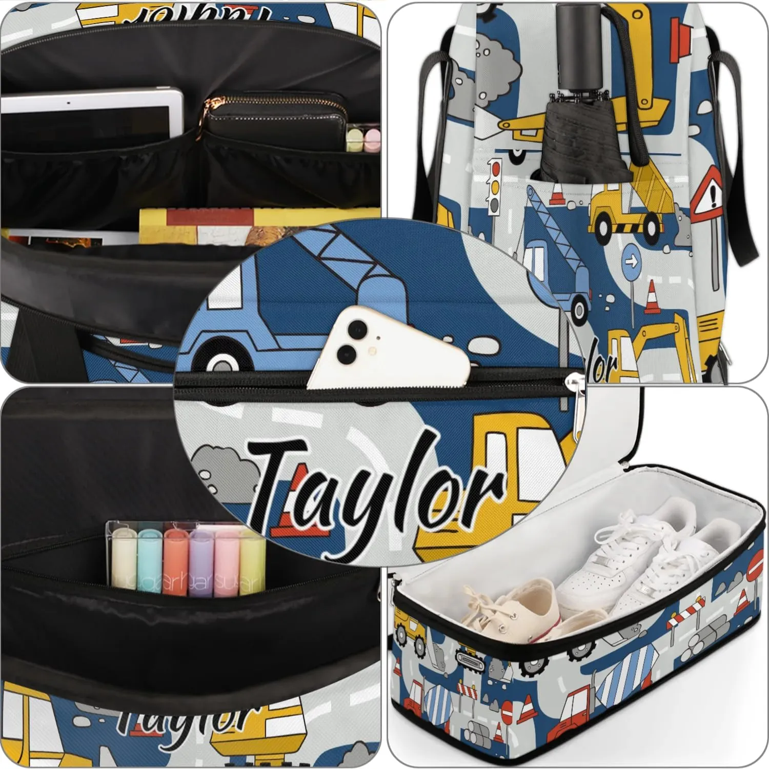 Personalized Duffel Bag with Name, Custom Construction Trucks Travel Sports Gym Yoga Beach Bag Customized Weekender Overnight Bag with Shoes Compartment for Women, Cartoon Car