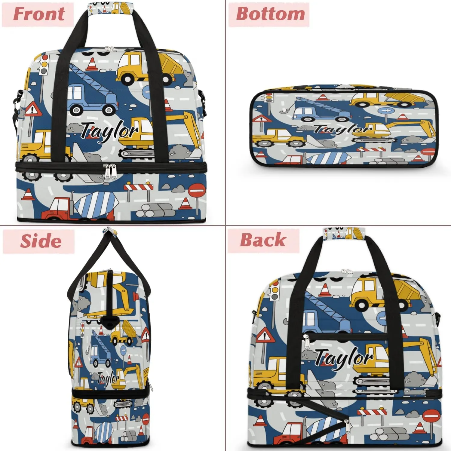 Personalized Duffel Bag with Name, Custom Construction Trucks Travel Sports Gym Yoga Beach Bag Customized Weekender Overnight Bag with Shoes Compartment for Women, Cartoon Car
