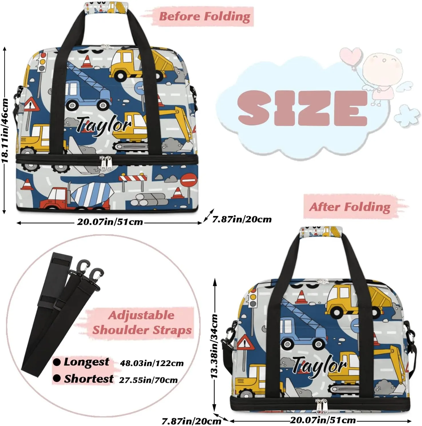 Personalized Duffel Bag with Name, Custom Construction Trucks Travel Sports Gym Yoga Beach Bag Customized Weekender Overnight Bag with Shoes Compartment for Women, Cartoon Car
