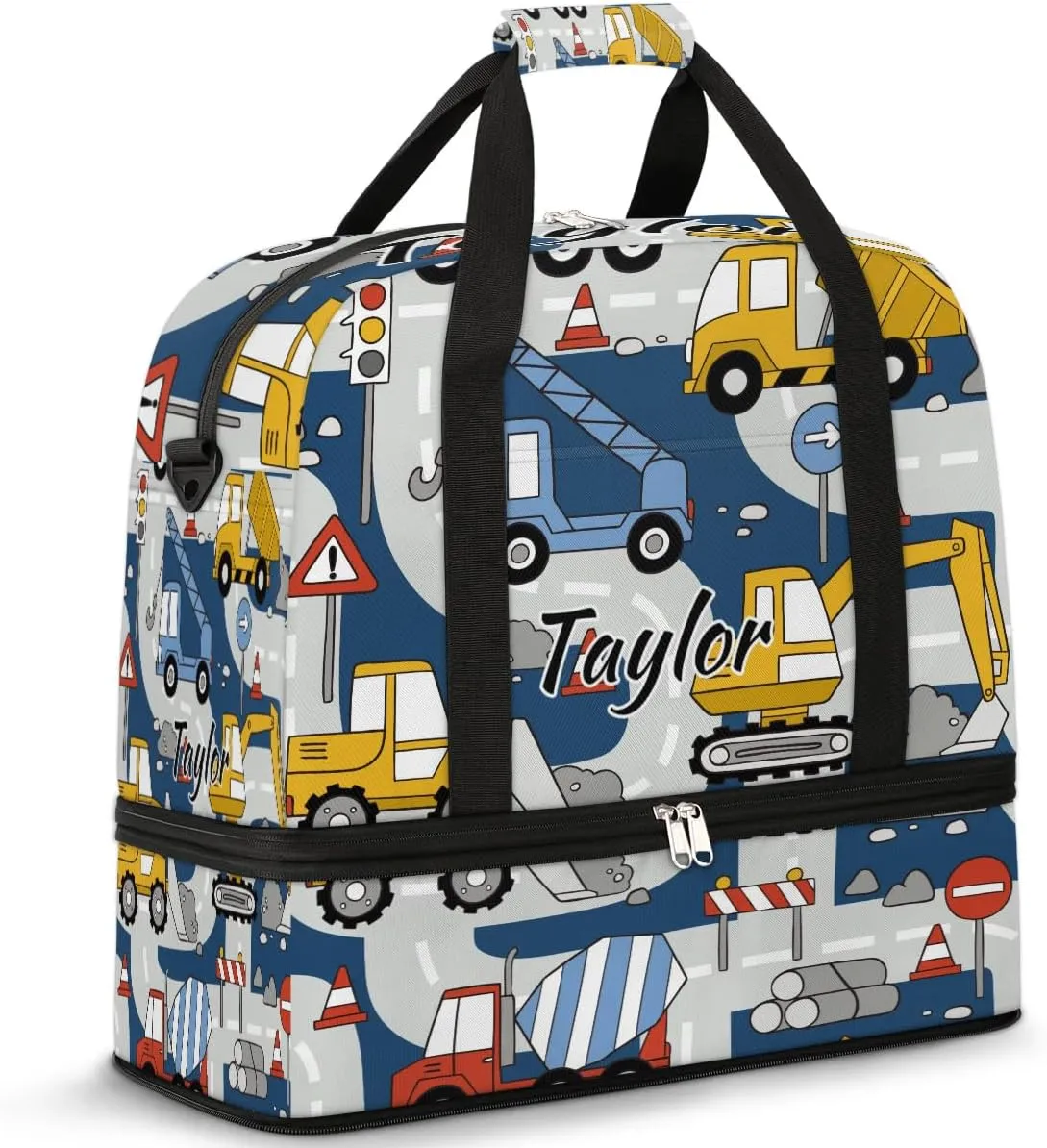 Personalized Duffel Bag with Name, Custom Construction Trucks Travel Sports Gym Yoga Beach Bag Customized Weekender Overnight Bag with Shoes Compartment for Women, Cartoon Car
