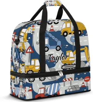 Personalized Duffel Bag with Name, Custom Construction Trucks Travel Sports Gym Yoga Beach Bag Customized Weekender Overnight Bag with Shoes Compartment for Women, Cartoon Car