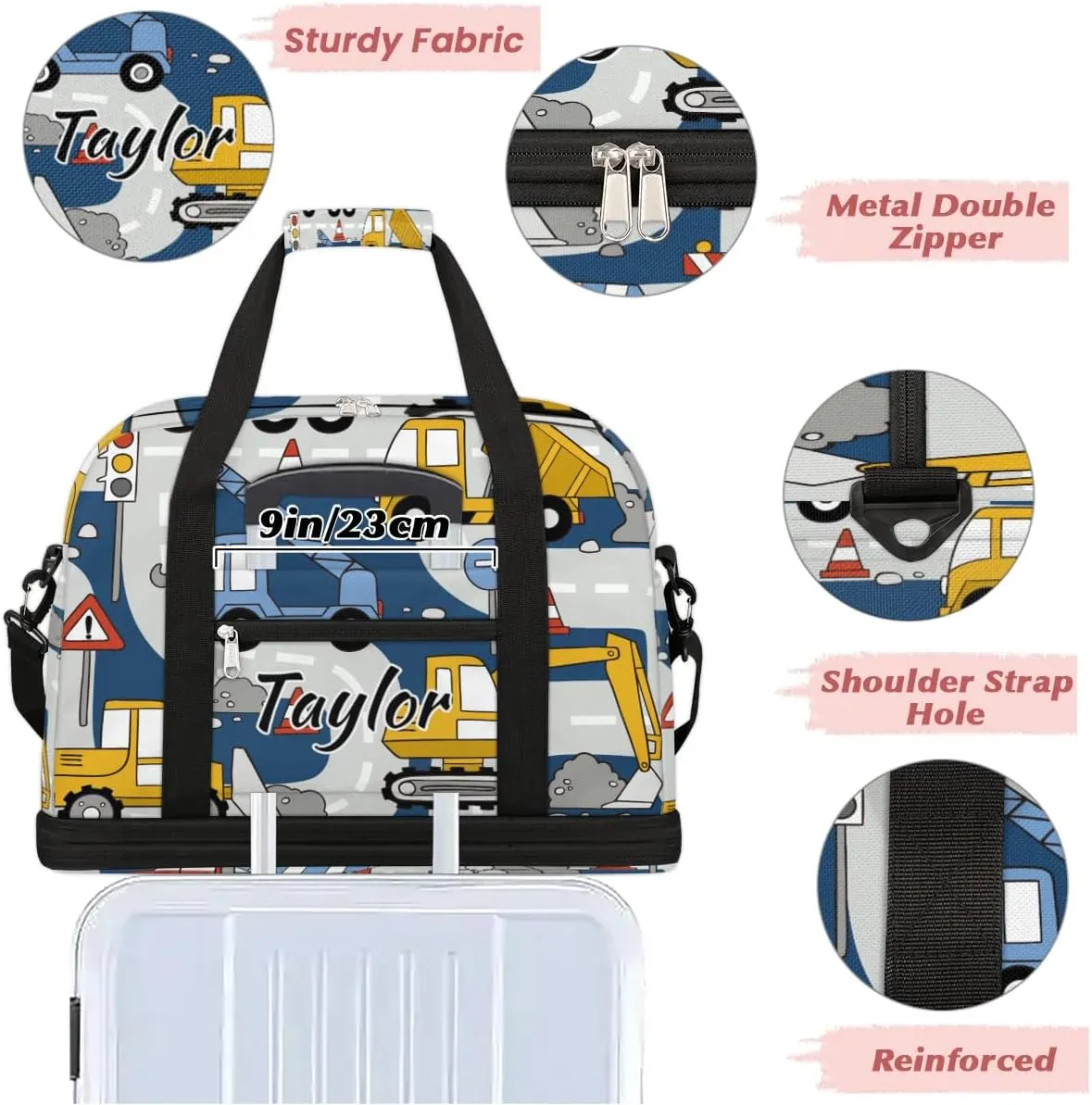 Personalized Duffel Bag with Name, Custom Construction Trucks Travel Sports Gym Yoga Beach Bag Customized Weekender Overnight Bag with Shoes Compartment for Women, Cartoon Car