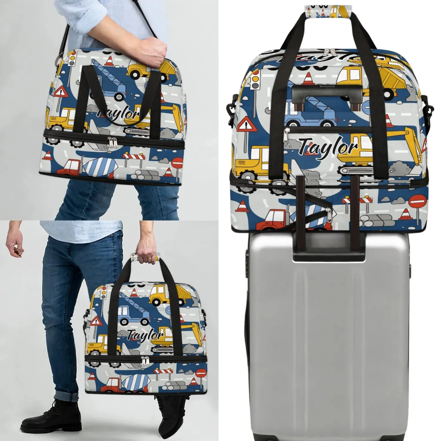 Personalized Duffel Bag with Name, Custom Construction Trucks Travel Sports Gym Yoga Beach Bag Customized Weekender Overnight Bag with Shoes Compartment for Women, Cartoon Car
