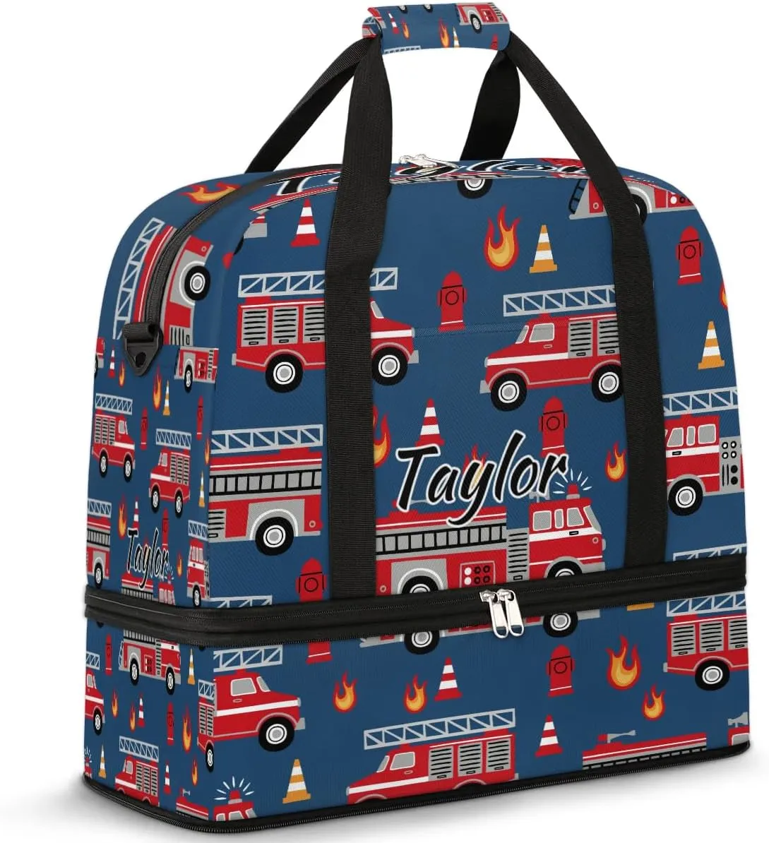 Personalized Duffel Bag with Name, Custom Fire Engines Travel Sports Gym Yoga Beach Bag Customized Weekender Overnight Bag with Shoes Compartment for Women, Cartoon Truck
