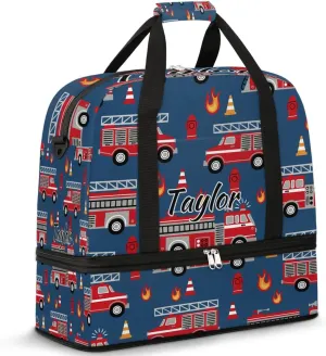 Personalized Duffel Bag with Name, Custom Fire Engines Travel Sports Gym Yoga Beach Bag Customized Weekender Overnight Bag with Shoes Compartment for Women, Cartoon Truck
