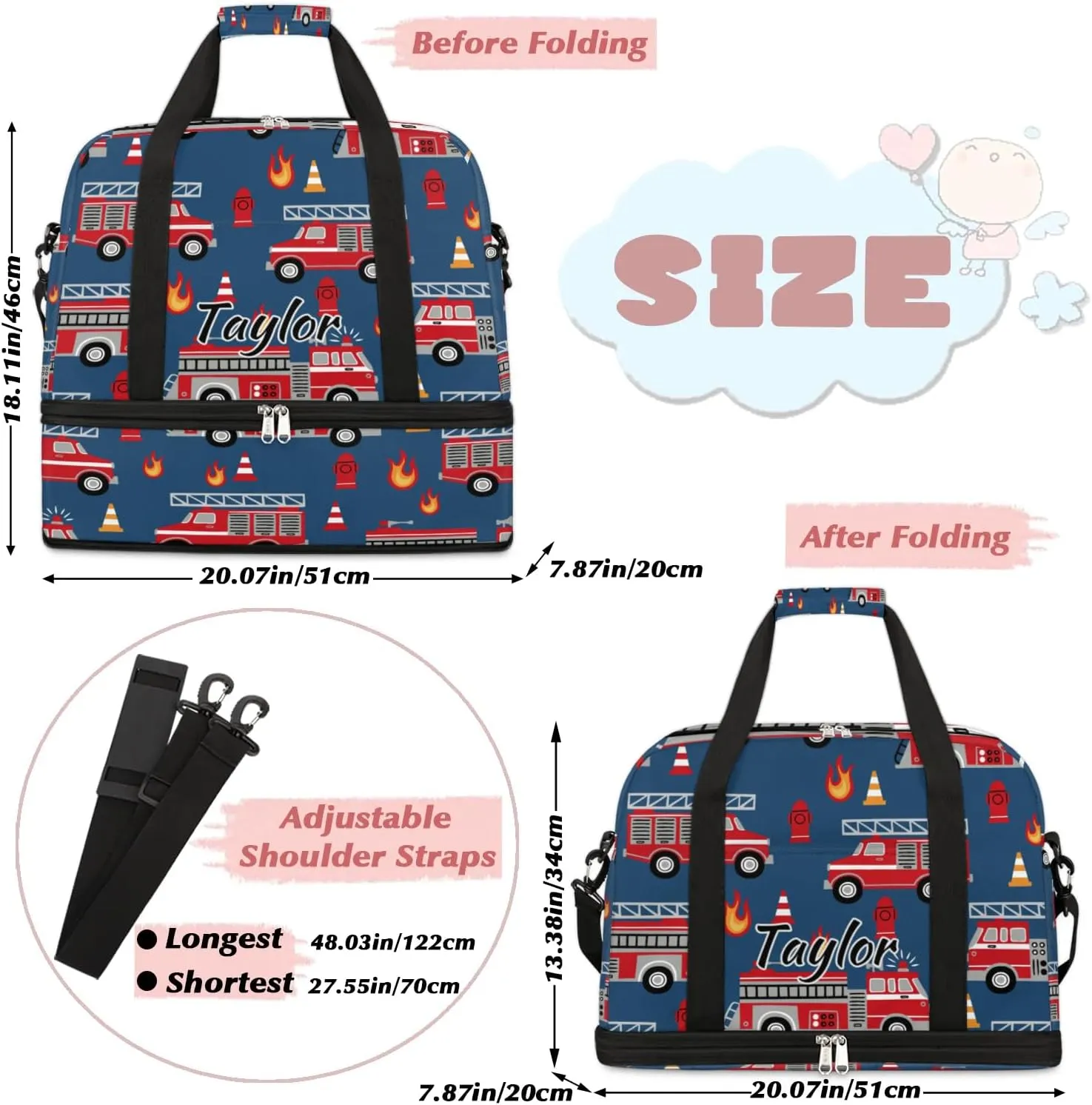 Personalized Duffel Bag with Name, Custom Fire Engines Travel Sports Gym Yoga Beach Bag Customized Weekender Overnight Bag with Shoes Compartment for Women, Cartoon Truck