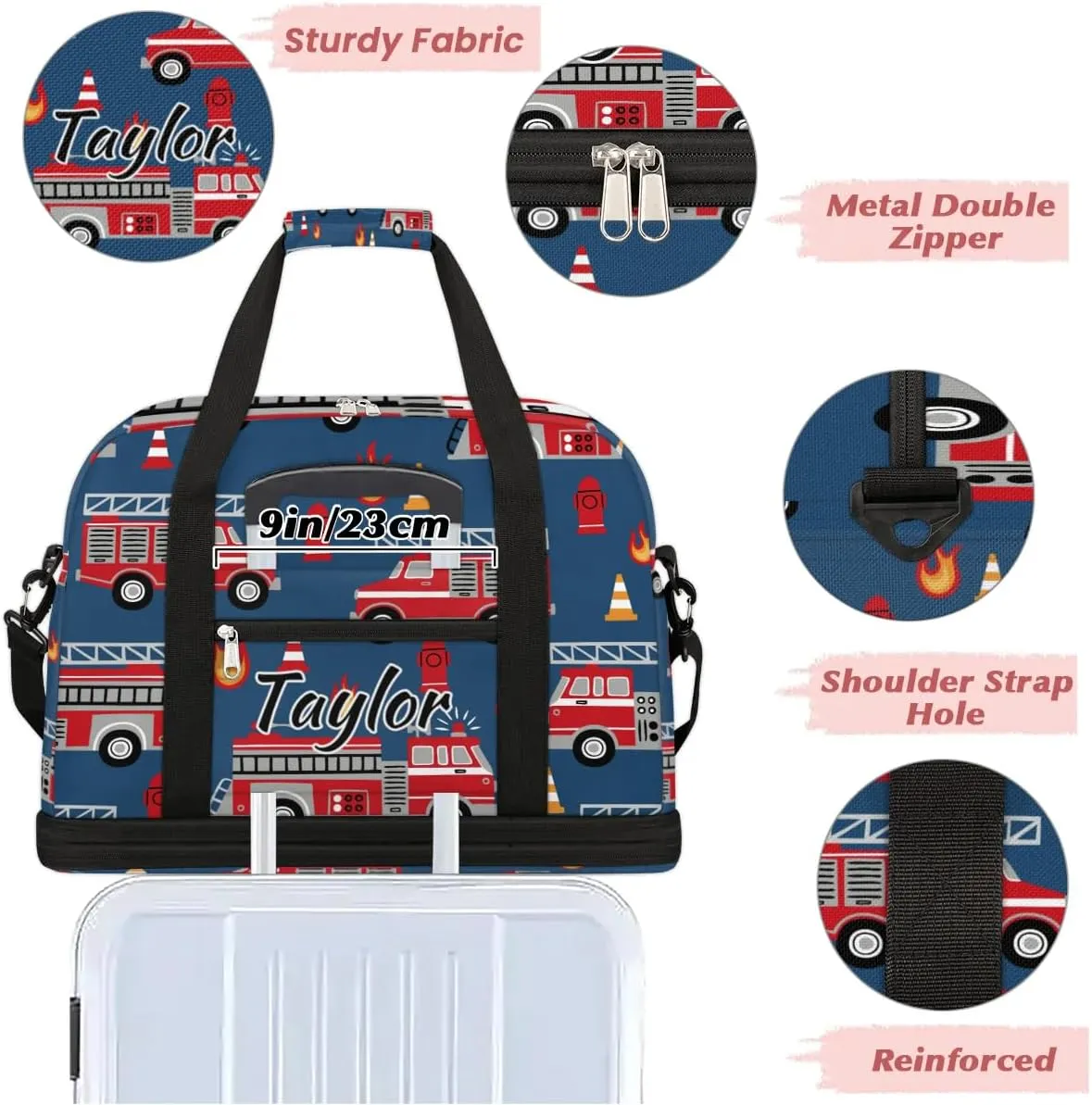 Personalized Duffel Bag with Name, Custom Fire Engines Travel Sports Gym Yoga Beach Bag Customized Weekender Overnight Bag with Shoes Compartment for Women, Cartoon Truck