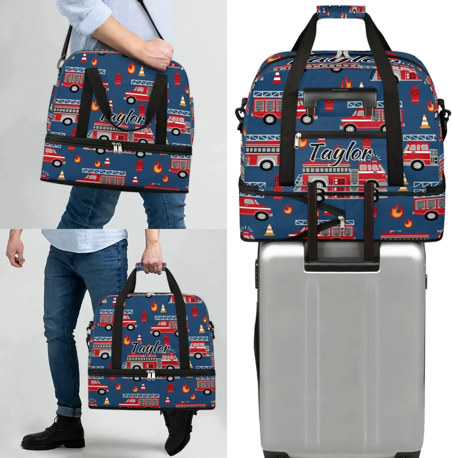 Personalized Duffel Bag with Name, Custom Fire Engines Travel Sports Gym Yoga Beach Bag Customized Weekender Overnight Bag with Shoes Compartment for Women, Cartoon Truck