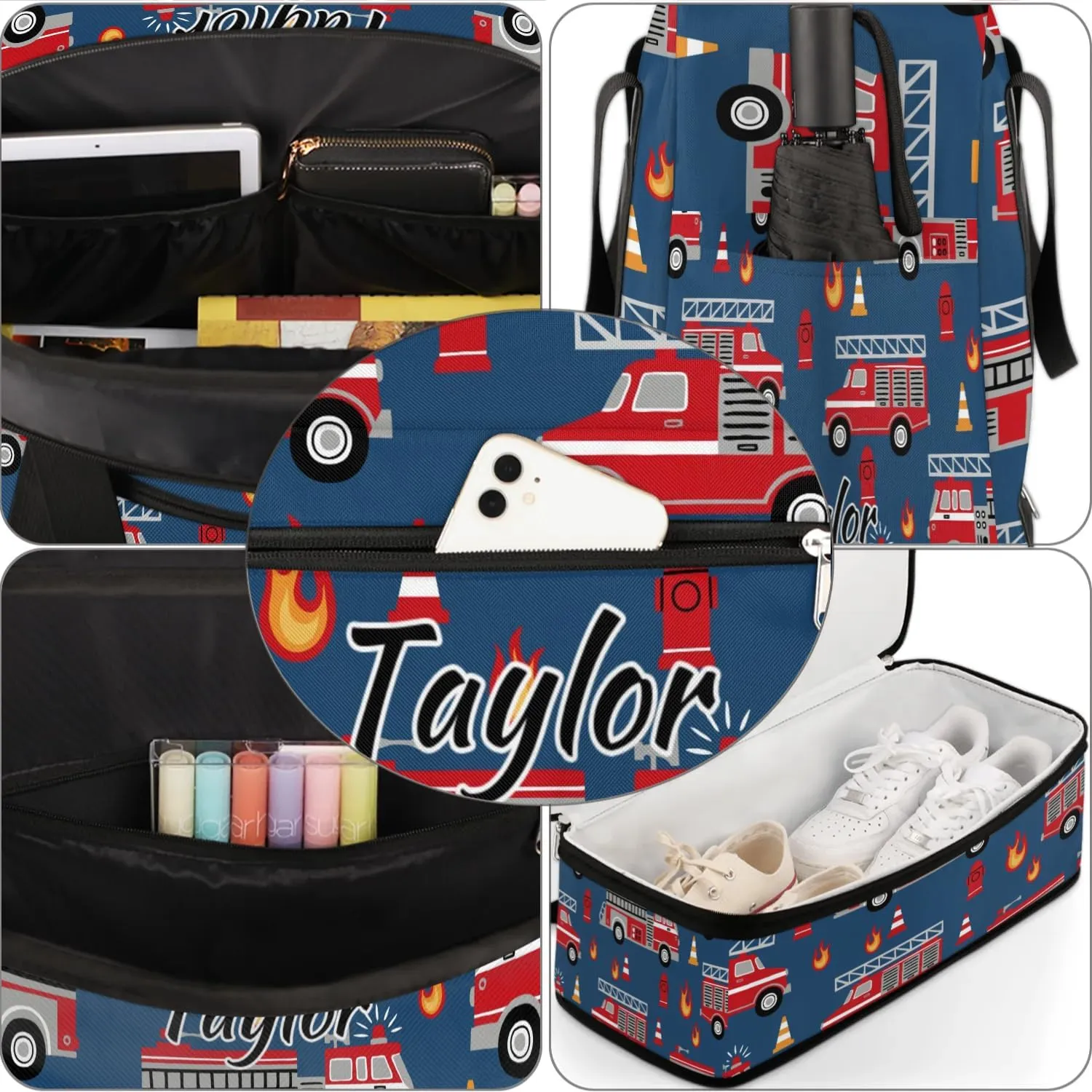 Personalized Duffel Bag with Name, Custom Fire Engines Travel Sports Gym Yoga Beach Bag Customized Weekender Overnight Bag with Shoes Compartment for Women, Cartoon Truck