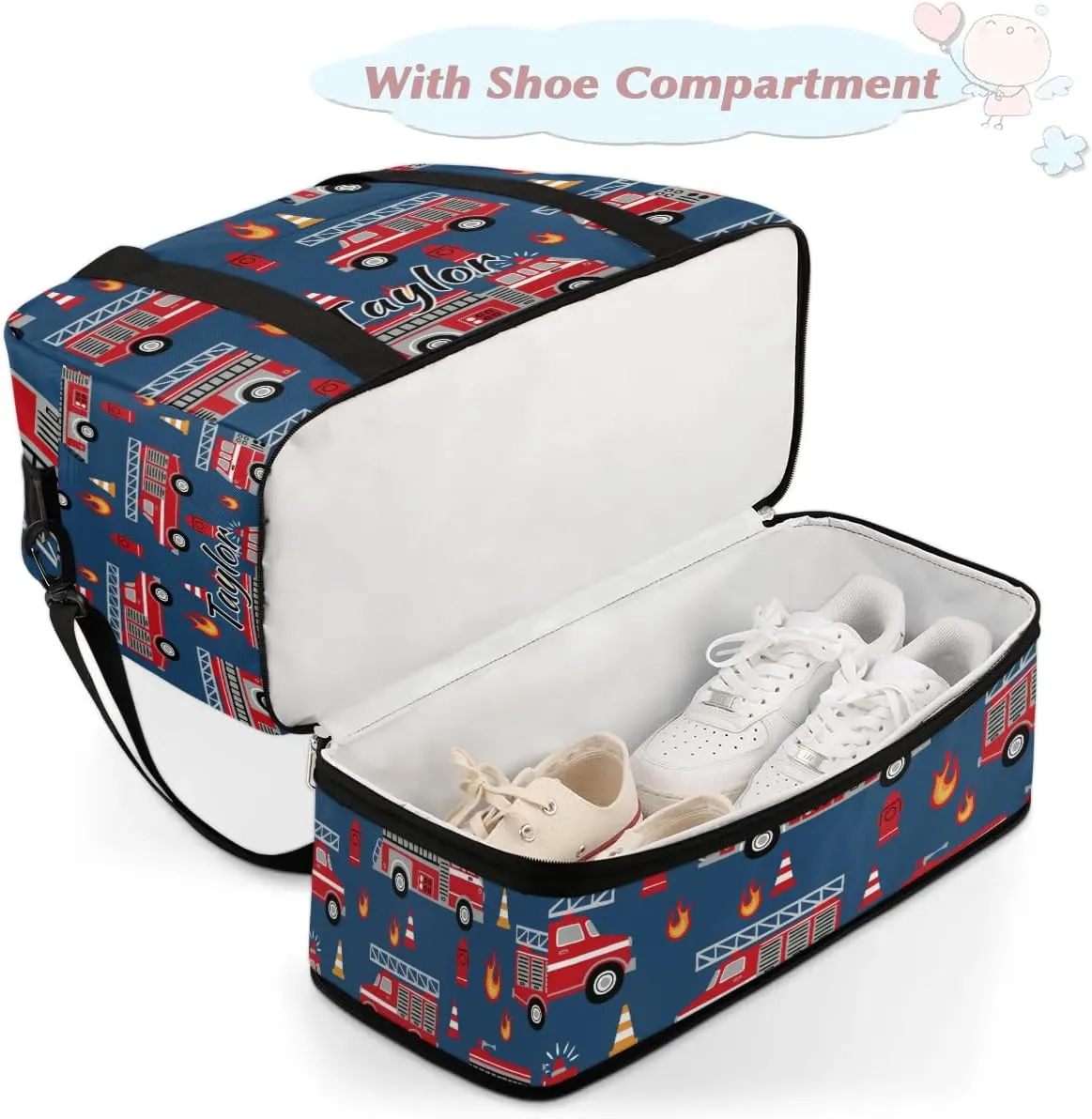 Personalized Duffel Bag with Name, Custom Fire Engines Travel Sports Gym Yoga Beach Bag Customized Weekender Overnight Bag with Shoes Compartment for Women, Cartoon Truck
