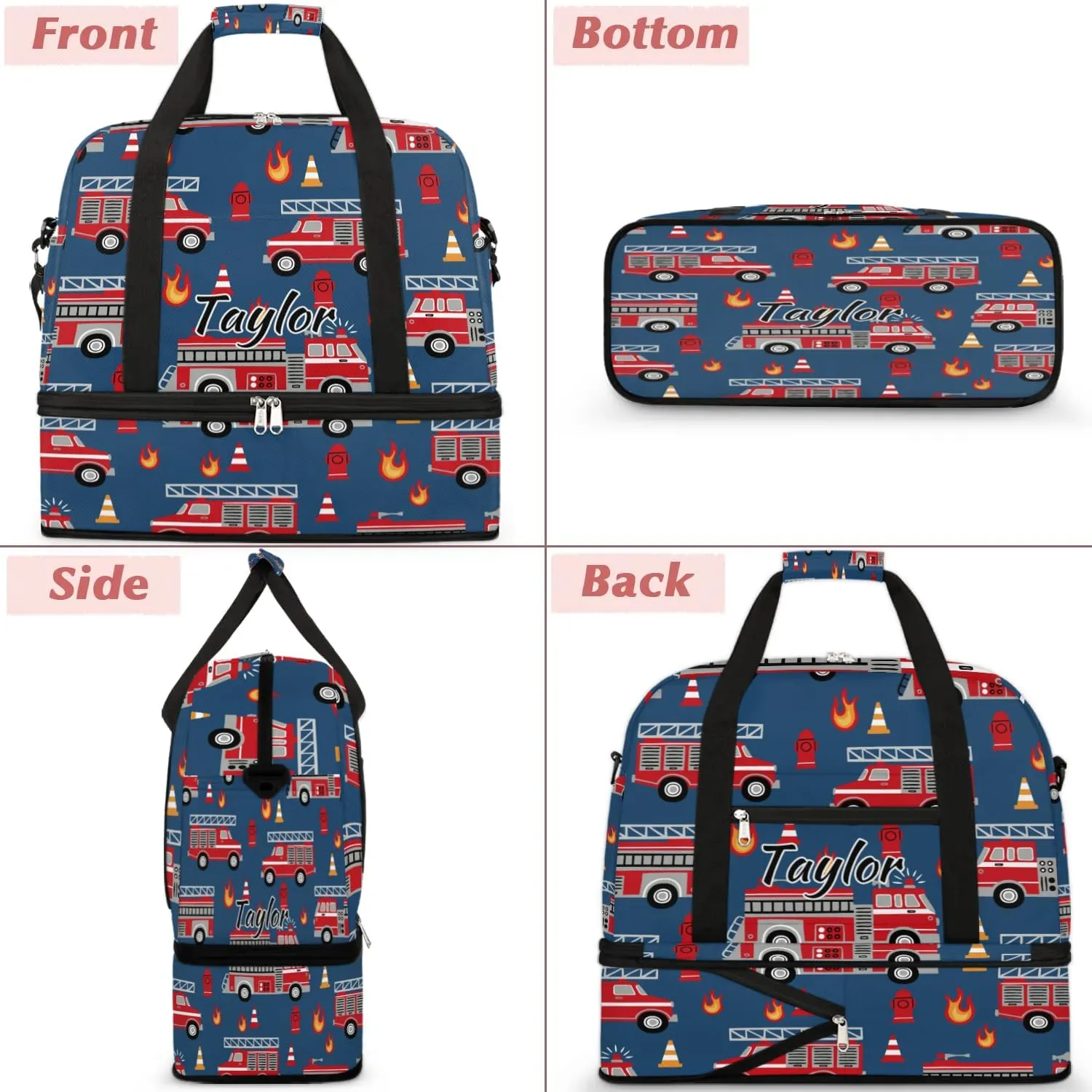 Personalized Duffel Bag with Name, Custom Fire Engines Travel Sports Gym Yoga Beach Bag Customized Weekender Overnight Bag with Shoes Compartment for Women, Cartoon Truck