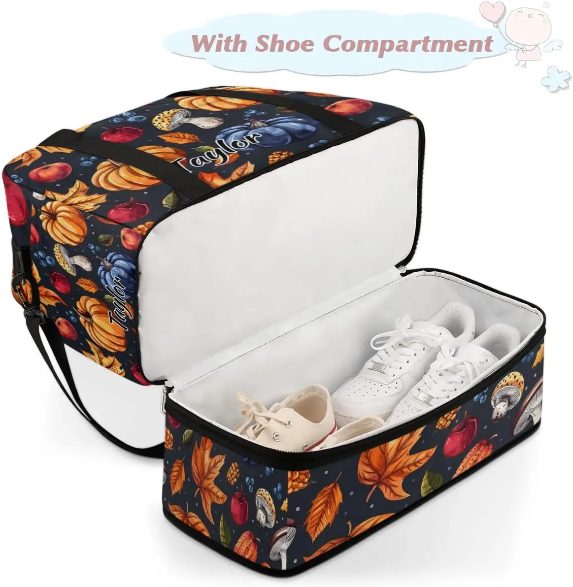 Personalized Duffel Bag with Name, Custom Food Vegetables Travel Sports Gym Yoga Beach Bag Customized Weekender Overnight Bag with Shoes Compartment for Women, Pumpkin Fall