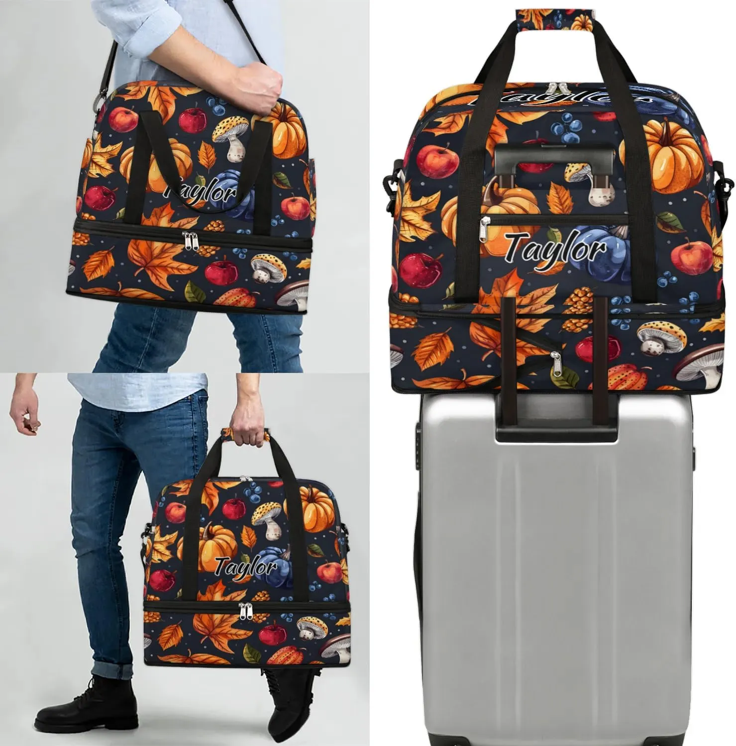 Personalized Duffel Bag with Name, Custom Food Vegetables Travel Sports Gym Yoga Beach Bag Customized Weekender Overnight Bag with Shoes Compartment for Women, Pumpkin Fall