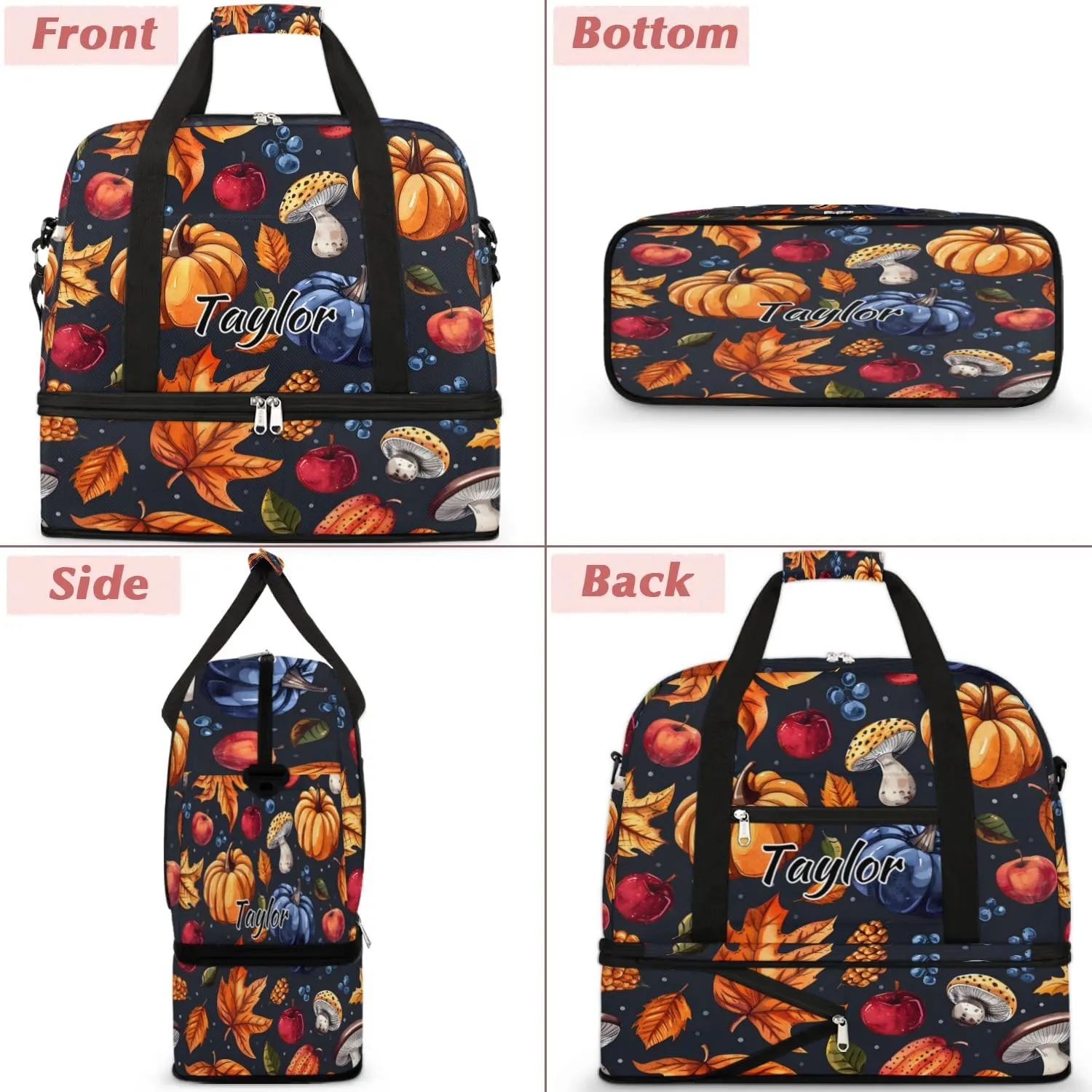 Personalized Duffel Bag with Name, Custom Food Vegetables Travel Sports Gym Yoga Beach Bag Customized Weekender Overnight Bag with Shoes Compartment for Women, Pumpkin Fall
